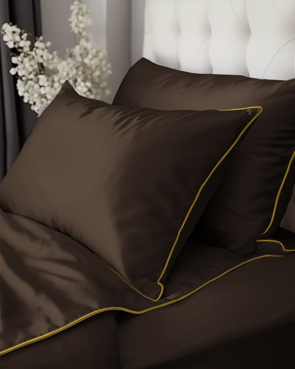 Pościel 140x200 + Poszewka Satyna 100% Bawełna Pure z Bizą Espresso Detexpol