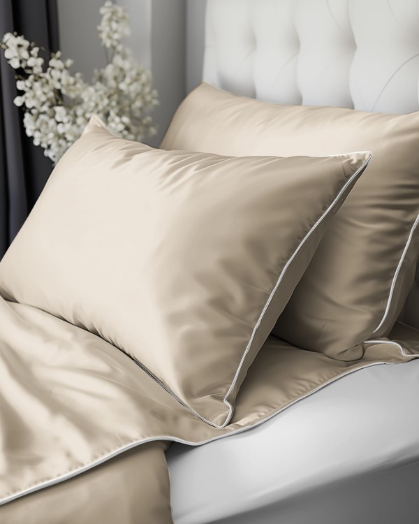 Pościel 160x200 + 2 Poszewki Satyna 100% Bawełna Pure z Bizą PIASKOWY BEŻ Detexpol