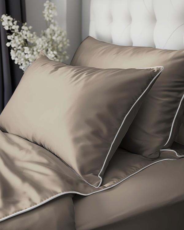 Pościel 180x200 + 2 Poszewki Satyna 100% Bawełna Pure z Bizą Taupe Detexpol