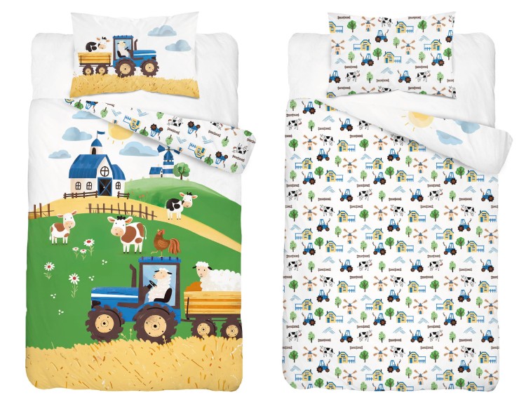 Pościel Bawełniana 100x135 Dwustronna Farma Niebieski Traktor 5513B Detexpol