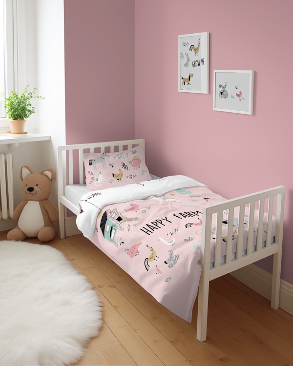 Pościel Bambusowa 90x120 Dwustronna Happy Farm Różowa 4783A Detexpol