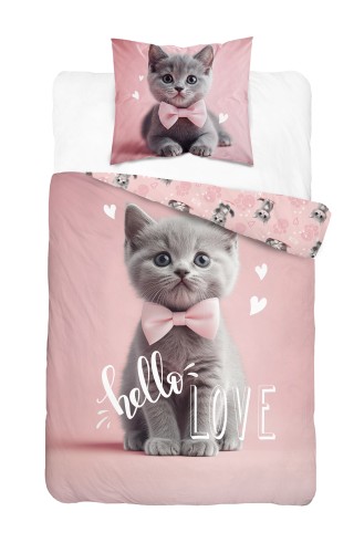 Pościel 160x200cm + Poszewka 100% Bawełna Kotek Hello Love 5705A Detexpol