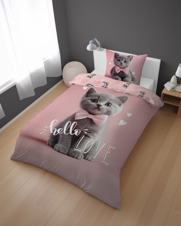 Pościel 160x200cm + Poszewka 100% Bawełna Kotek Hello Love 5705A Detexpol